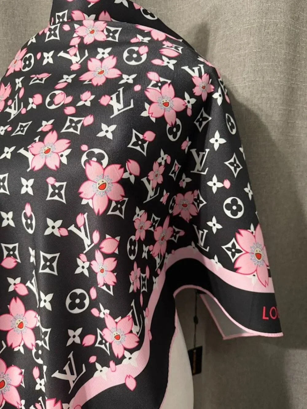 Black Pink Floral Monogram 100% Silk Scarf 35x35 Large Square